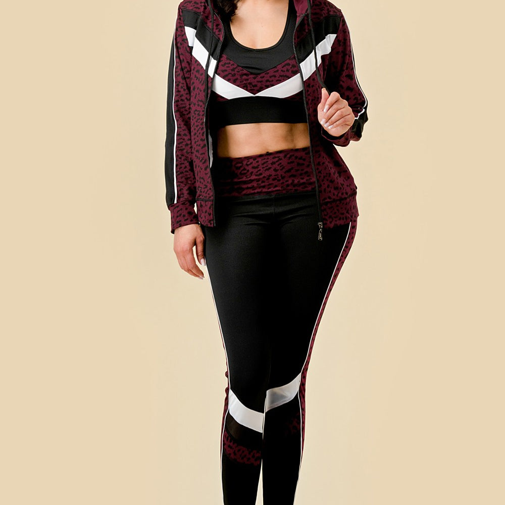 3 Piece Leopard Print Matching Workout Set in Burgundy - Ravi-bySteph